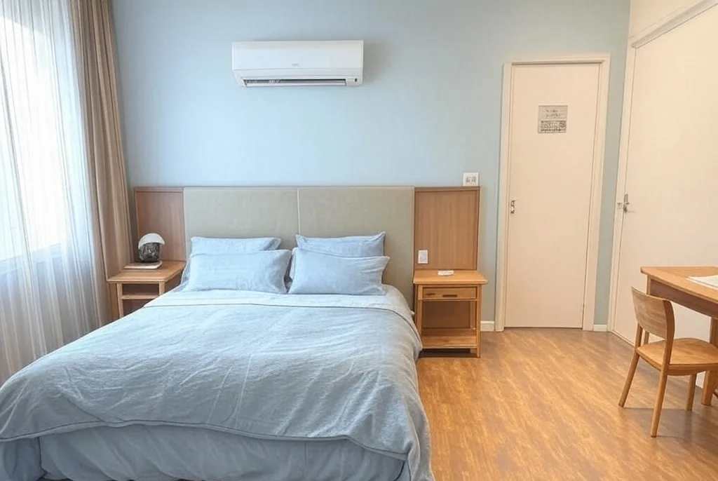 Kamar kos minimalis dengan spring bed, meja belajar, AC, dan lantai vinyl.